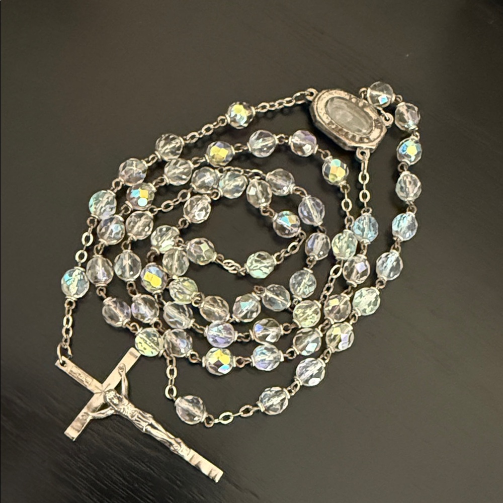 vintage Italian Catholic rosary, iridescent crystal beads Stamped Italy
